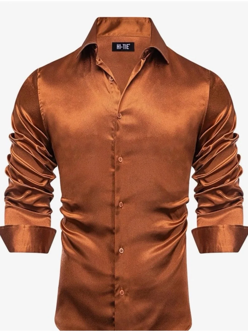 Men's Copper Satin Long-Sleeve Button-Down Shirt - Picture 1 of 8